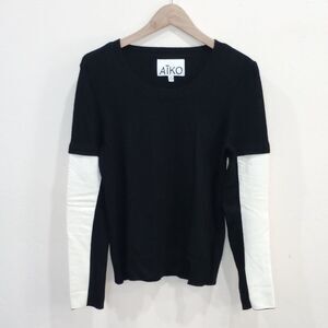 AiKO Kwan Black Sweater Cashmere Blend Ivory Leather Snakeskin Sleeves - M